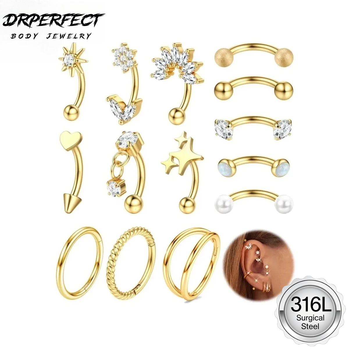 Drperfect 1PC Rook Eyebrow Pie - Eyebrow Curved Barbell 评论和价格